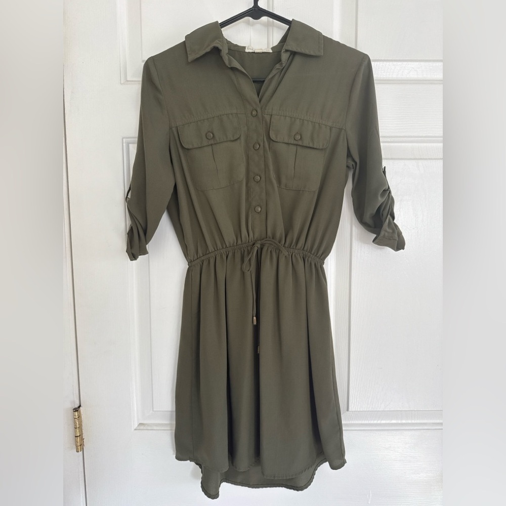 Bebop Olive Green Utility Shirt Dress — Button Front, Waist Tie, Roll-Tab Sleeve